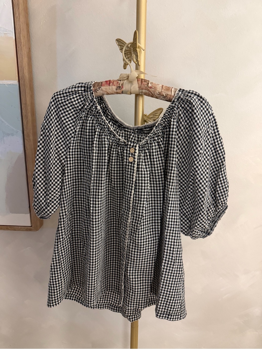 Black & White Gingham Peasant Blouse